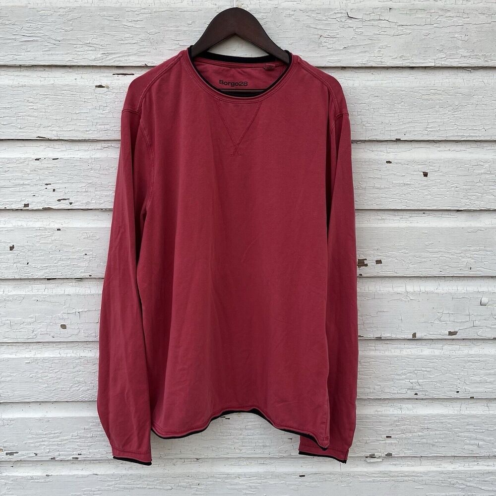 BORGO 28 Melange Long-Sleeve Crewneck Cotton Tee, Nantucket Red/Black- Small